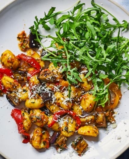 Gnocchi with roasted romano pepper, aubergine, chilli and rocket