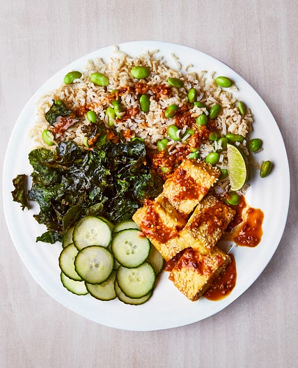 Baked Sesame Tofu, Peanut Sauce & Crispy Kale