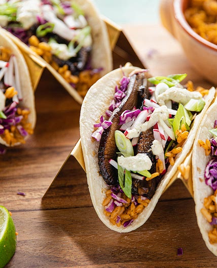 Smoky Portobello Tacos with Jalapeño Cashew Sauce & Spanish Rice