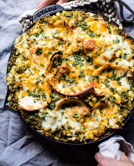 Skillet Salsa Verde Chicken Tortilla Rice Bake