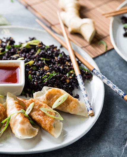 Corn & “Crab” Dumplings with Ginger-Fried Rice and Sweet Chile Sauce