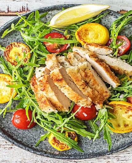 Crispy Chicken Milanese with Yellow Squash & Lemony Arugula