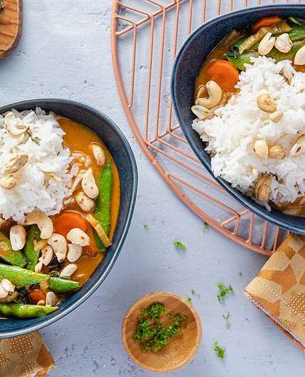 Vegetable Panang Curry with Jasmine Rice and Cashews