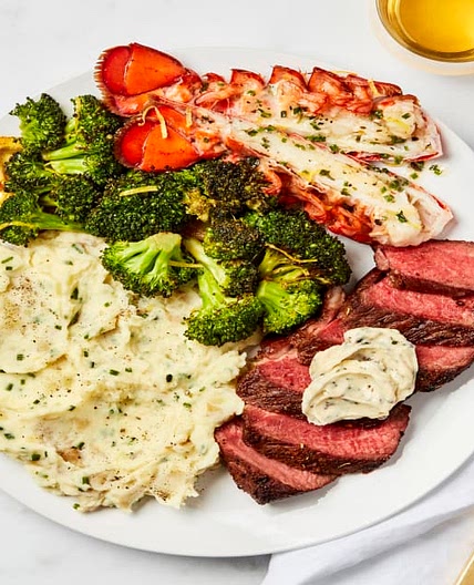 Garlic Herb Butter Steak with Lemony Broccoli & Chive Crème Fraîche Mashed Potatoes