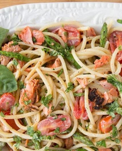 Bucatini with Blackened Salmon and Asparagus in a Gorgonzola Cream Sauce