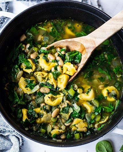 Brothy Tortellini Soup with Spinach, White Beans and Basil