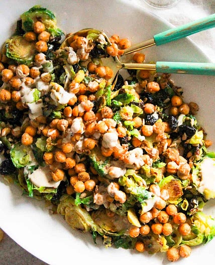 Shaved Brussels Sprouts Salad with Crispy Chickpeas and Lemon Tahini