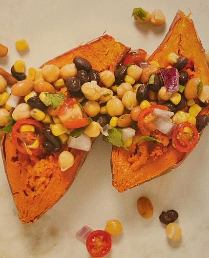 Loaded Sweet Potatoes with Bean Salad and Tempeh Bacon 