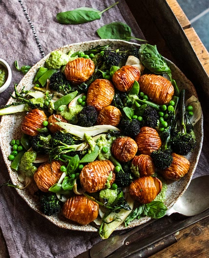 Spring Salad with New Potato hassel backs and Charred Purple Sprouting Broccoli, Fennel & Pesto