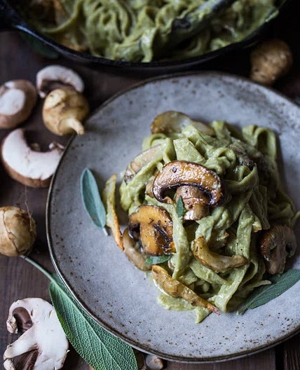 Vegan mushroom pasta with roasted sunchokes & artichoke sauce 