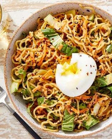 Spicy Cold Sesame Noodles with Bok Choy, Carrots & Soft-Boiled Eggs