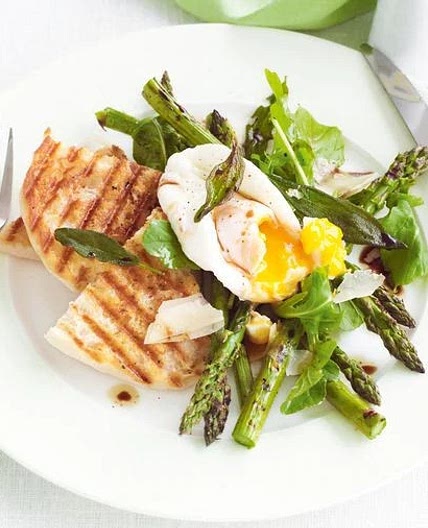 Chargrilled asparagus , parmesan salad , poached eggs and crisp sage