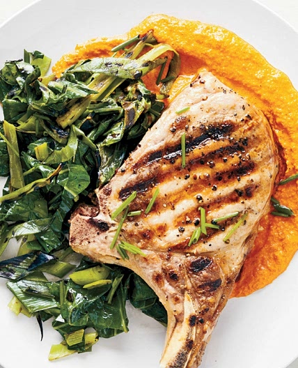 GRILLED PORK CHOPS AND GREENS WITH RED PEPPER SAUCE