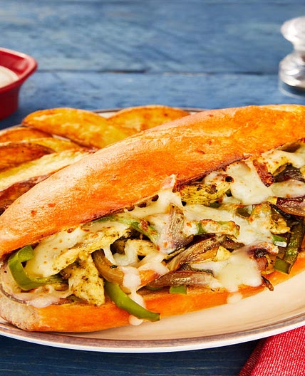 Italian Chicken & Pepper Sandos with Potato Wedges & Garlic Sauce