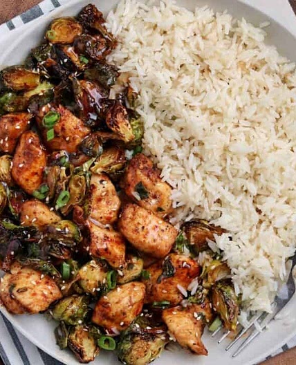 Air Fryer Sweet Chili Chicken and Brussels Sprouts