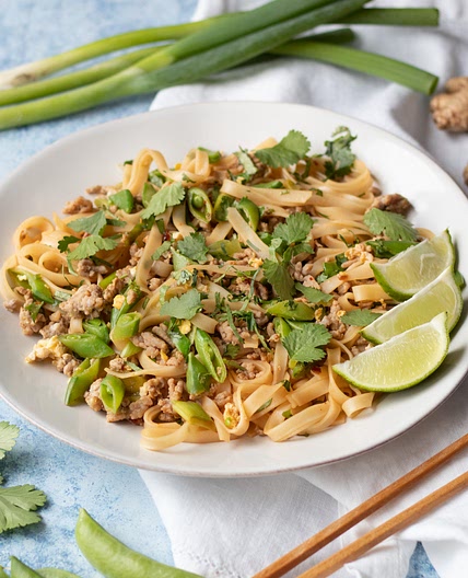 Spicy Pork Pad Thai with Sugar Peas, Lime & Cilantro