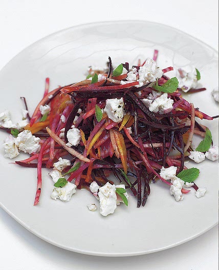 Crunchy raw beetroot salad with feta & pear