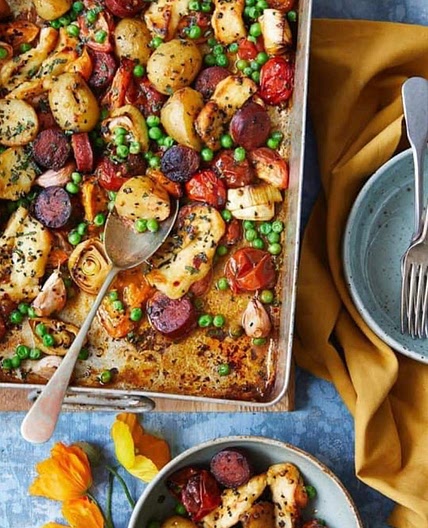 Tomato, Chorizo and Halloumi Traybake