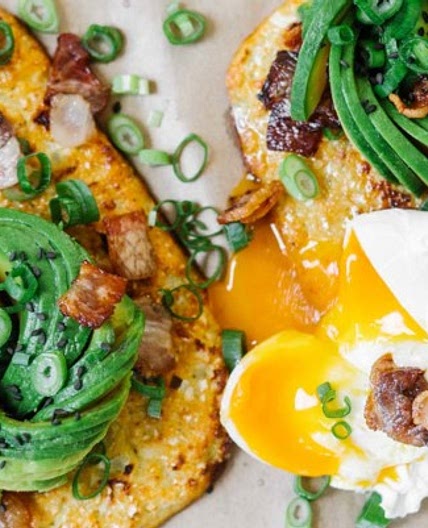 Cauliflower Bread With Crispy Bacon, Poached Eggs & Avocado