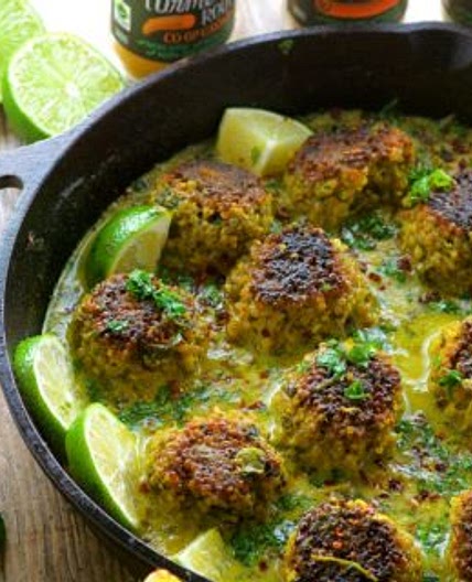 Cauliflower Quinoa Meatless Meatballs In Coconut Turmeric Sauce