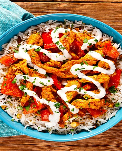 Street-Cart-Style Chicken Shawarma Bowls with Bell Pepper, Pistachio Rice & Creamy Cilantro Sauce