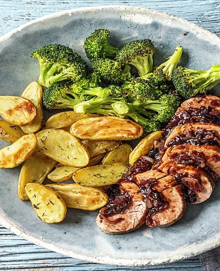 Cherry Balsamic Pork with Thyme-Roasted Potatoes and Broccoli