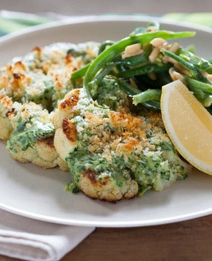 Cauliflower Steaks with Spinach Gratin & Green Beans