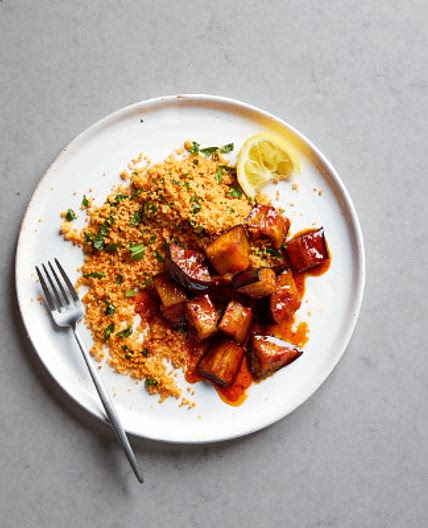 Spiced honeyed aubergines with harissa couscous
