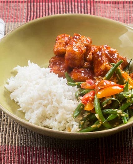 Spicy Sweet & Sour Tofu with Sesame Green Beans & Cherry Tomatoes