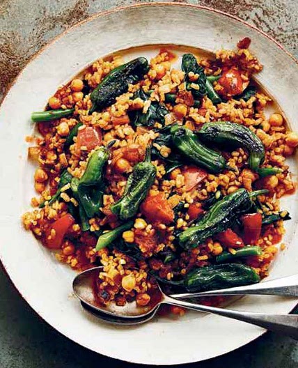 Paella with Chickpeas, Green Beans, and Shishito Peppers
