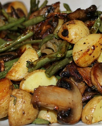 Oven Roasted Potatoes, Green Beans, Mushrooms and Onions with Thyme and Garlic