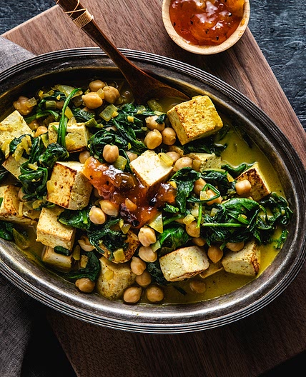 Tofu Saag Paneer with Chickpeas & Mango Chutney