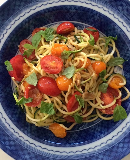 Late Summer “Zoodles” with Cherry Tomatoes