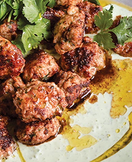 Chimichurri Chicken Meatballs with Herbed Greek Yogurt, Red Quinoa & Green Beans