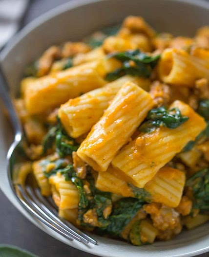 Pumpkin Rigatoni with Italian Sausage & Spinach