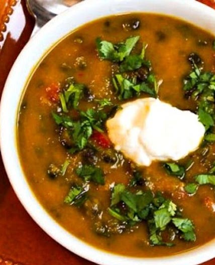 Butternut Squash Soup with Black Beans and Red Bell Pepper