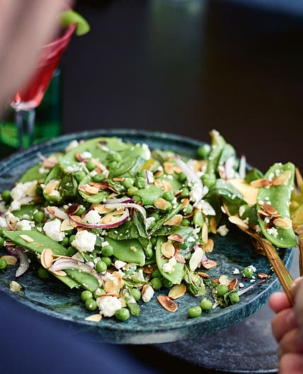 Pea, snow pea, almond and feta salad