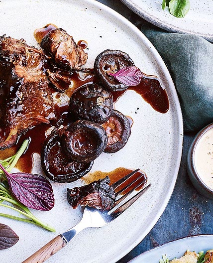 Slow-cooked beef cheeks with shiitake mushrooms