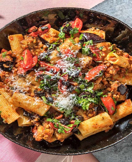 Veggie Rigatoni Bolognaise with Aubergine and Olives