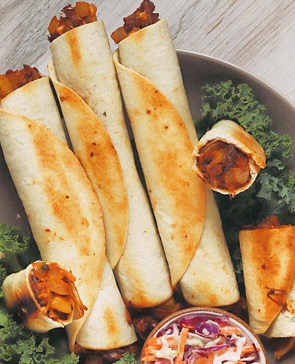 Vegan BBQ pulled pork taquitos
