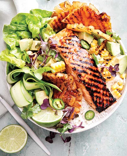 Sticky soy salmon, pineapple & BBQ corn salad bowl