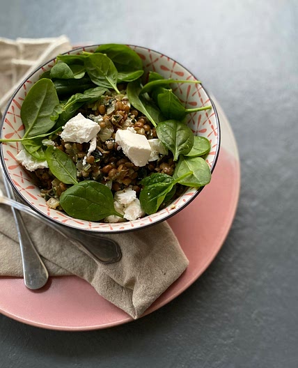 Warm Pesto Lentils with Feta and Spinach | The Fast 800