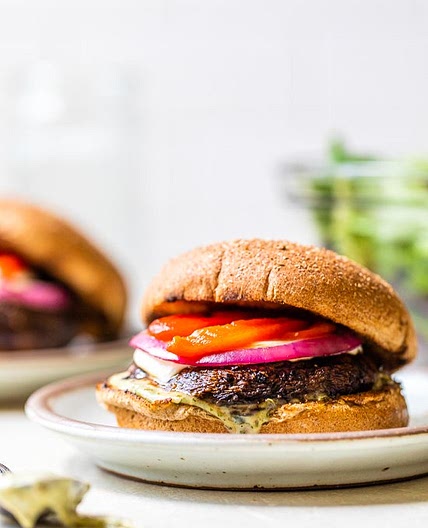 Portobello Mushroom Burger with Mozzarella, Roasted Peppers and Pesto Mayo
