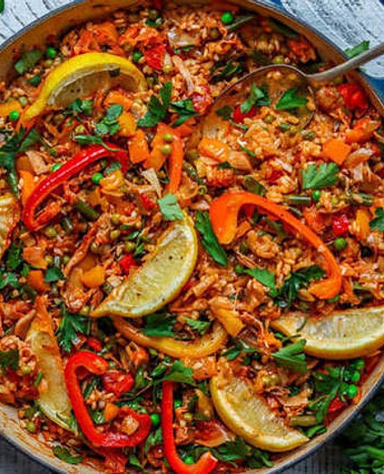 Vegan paella made with banana blossom