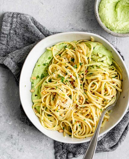 Garlic Linguine with Vegan Whipped Pea Ricotta