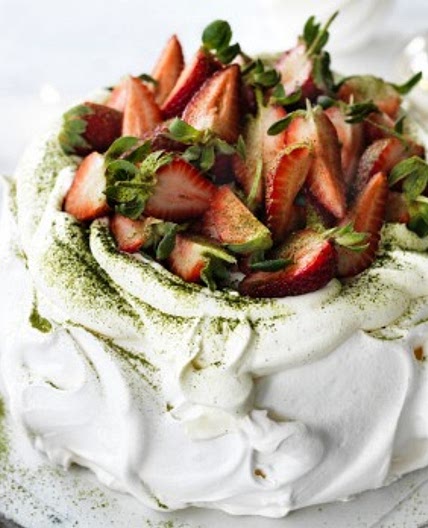 Strawberry matcha pavlova