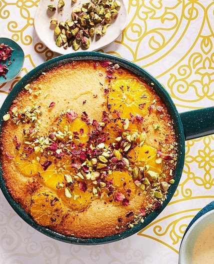 Sticky orange and semolina pudding with rose custard