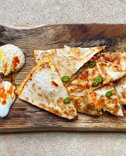 Vegie quesadillas with hummus, yoghurt and chilli sauce recipe