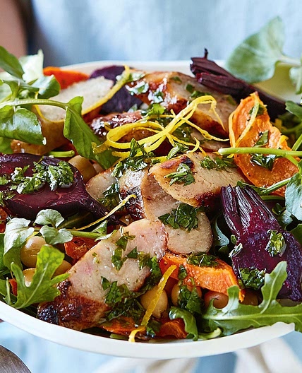 BBQ chicken sausage and roasted veggie salad