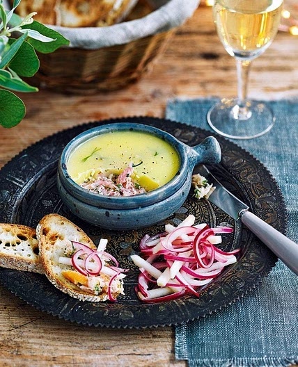 Potted hot-smoked salmon with onion and apple pickle